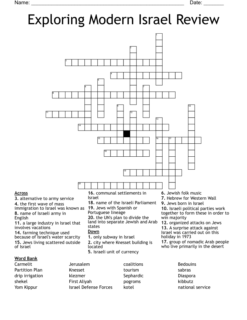 Exploring Modern Israel Review  Crossword