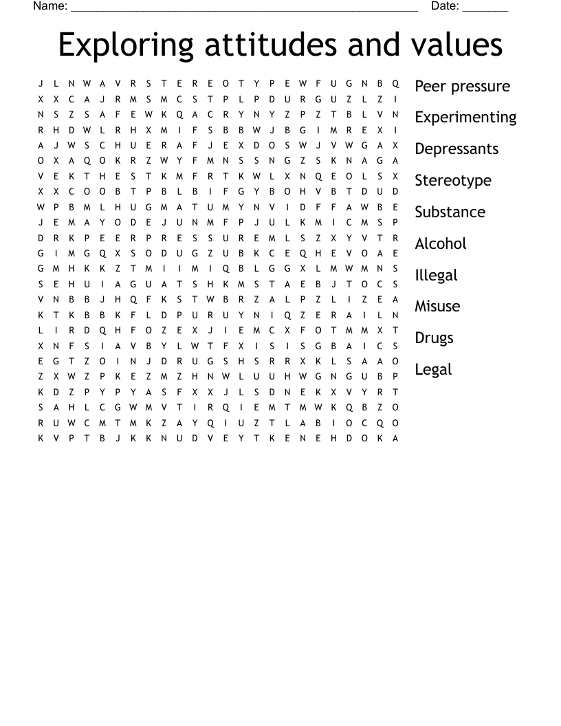 Exploring attitudes and values Word Search
