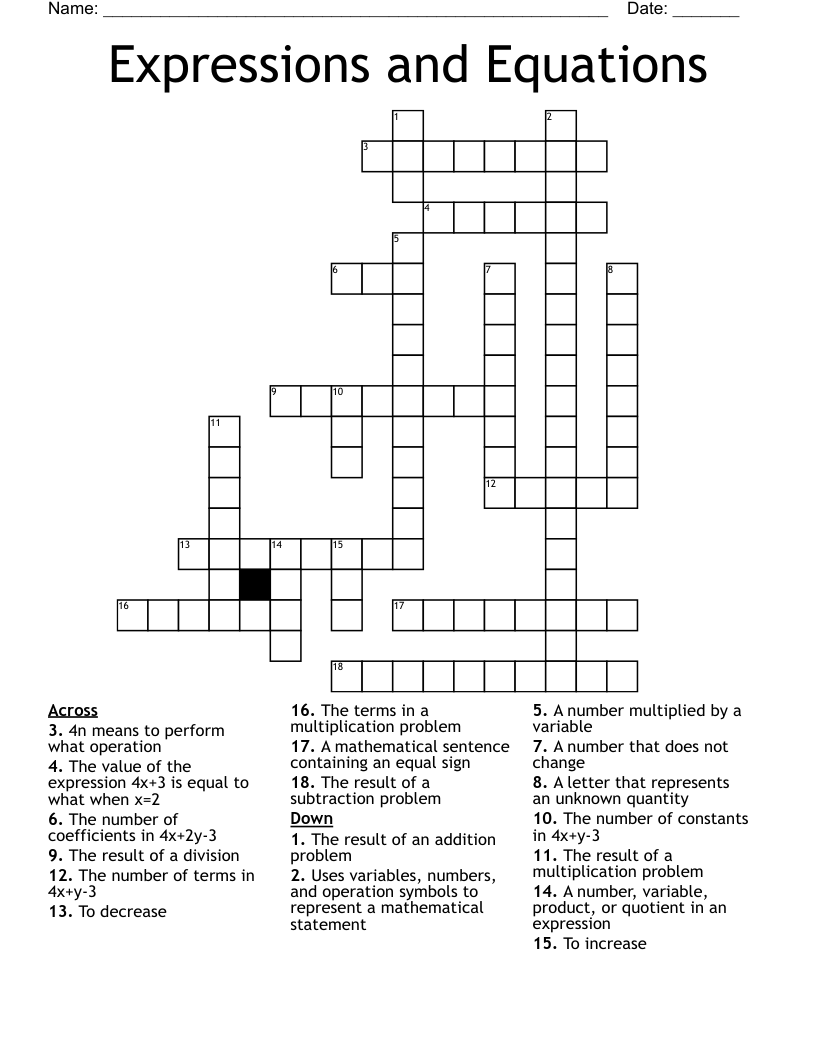 Expressions and Equations Crossword