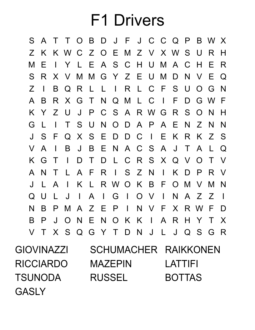 F1 Drivers Word Search
