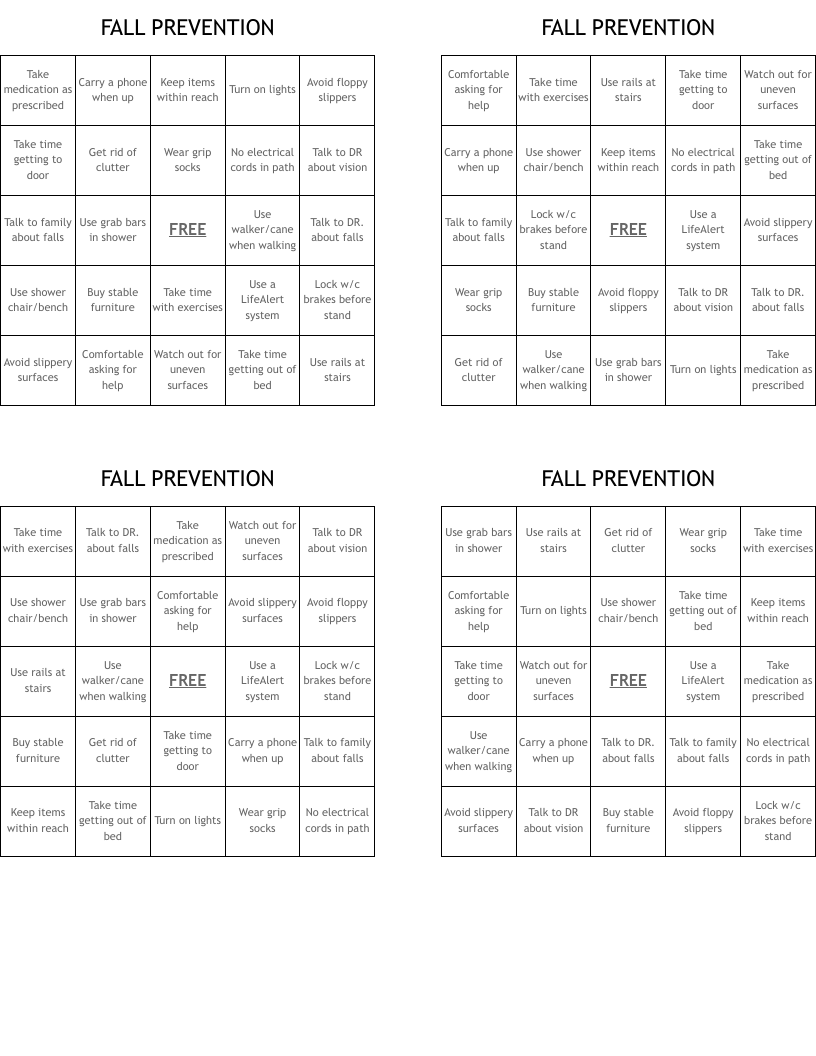 FALL PREVENTION Bingo Cards