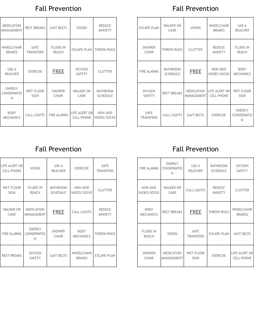 Fall Prevention Bingo Cards