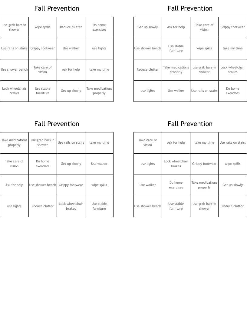 Fall Prevention  Bingo Cards