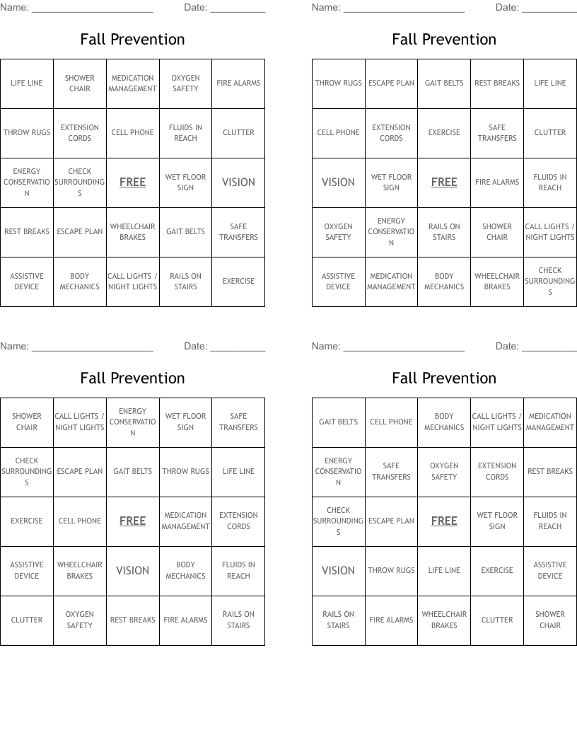 Fall Prevention Bingo Cards