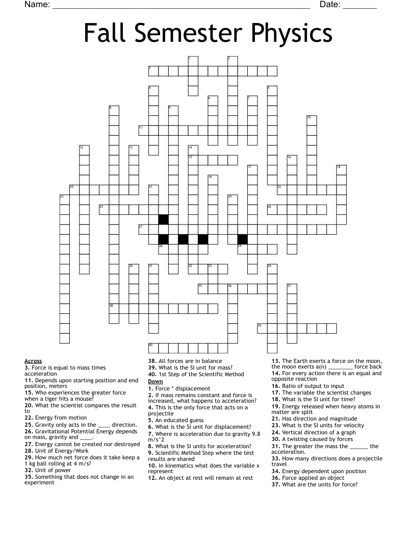 Fall Semester Physics Crossword