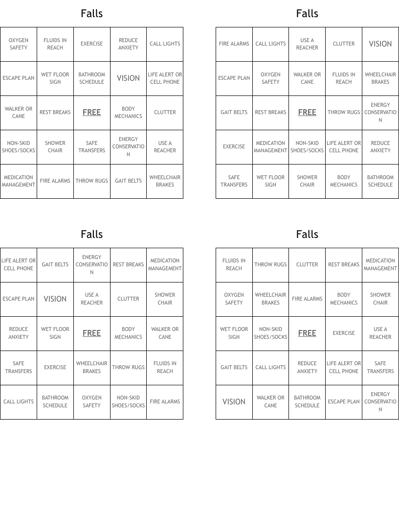 Falls Bingo Cards