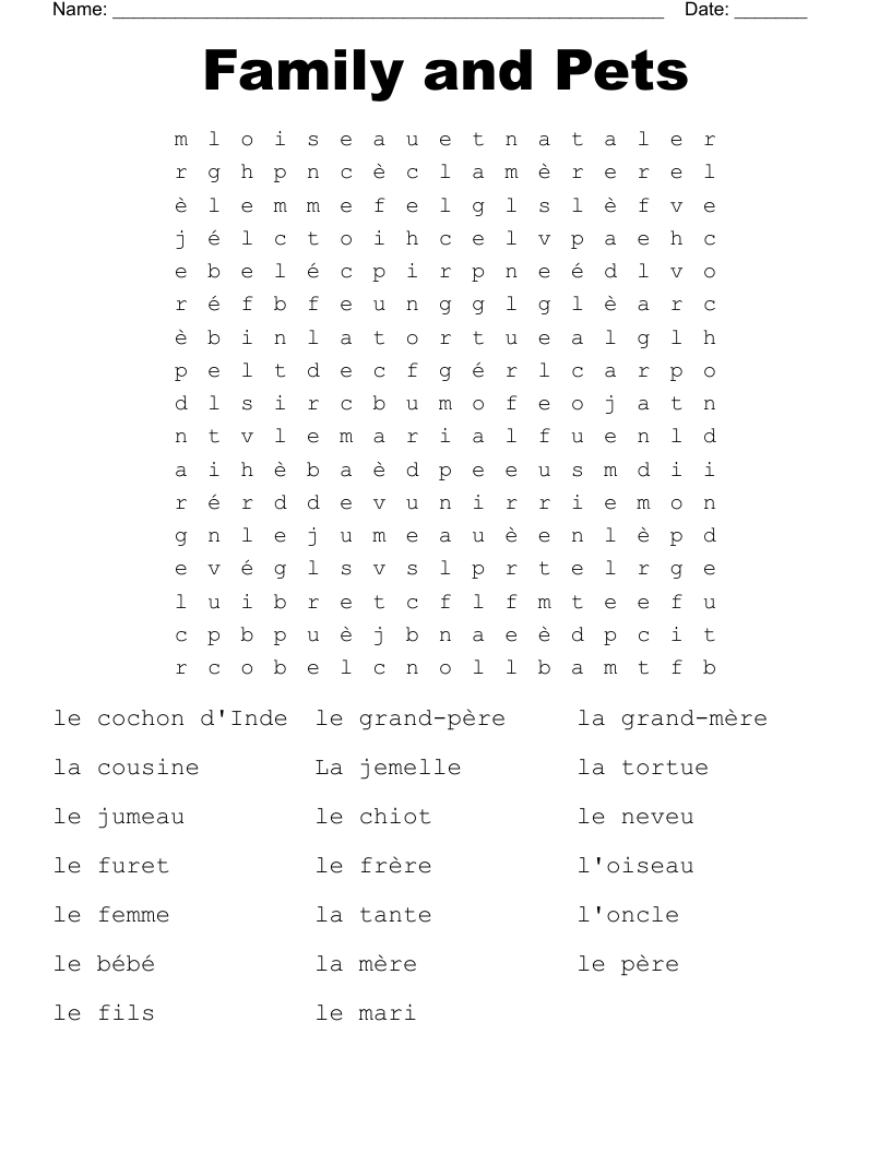 Family and Pets Word Search