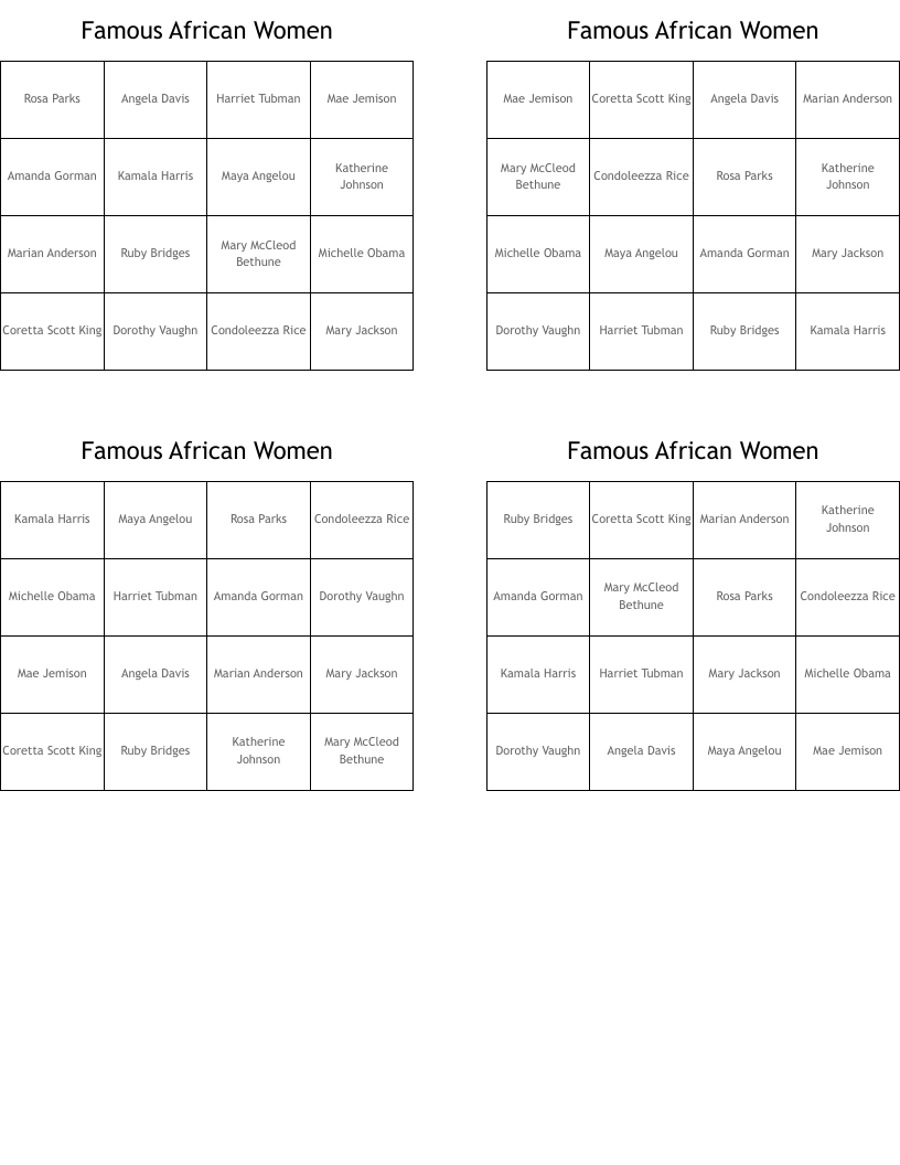 Famous African Women Bingo Cards