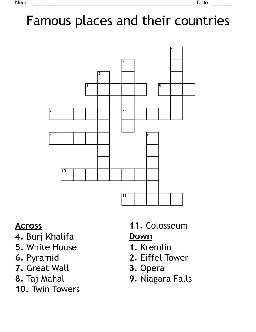 Famous places and their countries Crossword