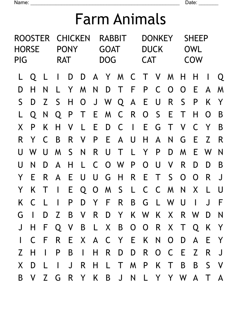 Farm Animals Word Search
