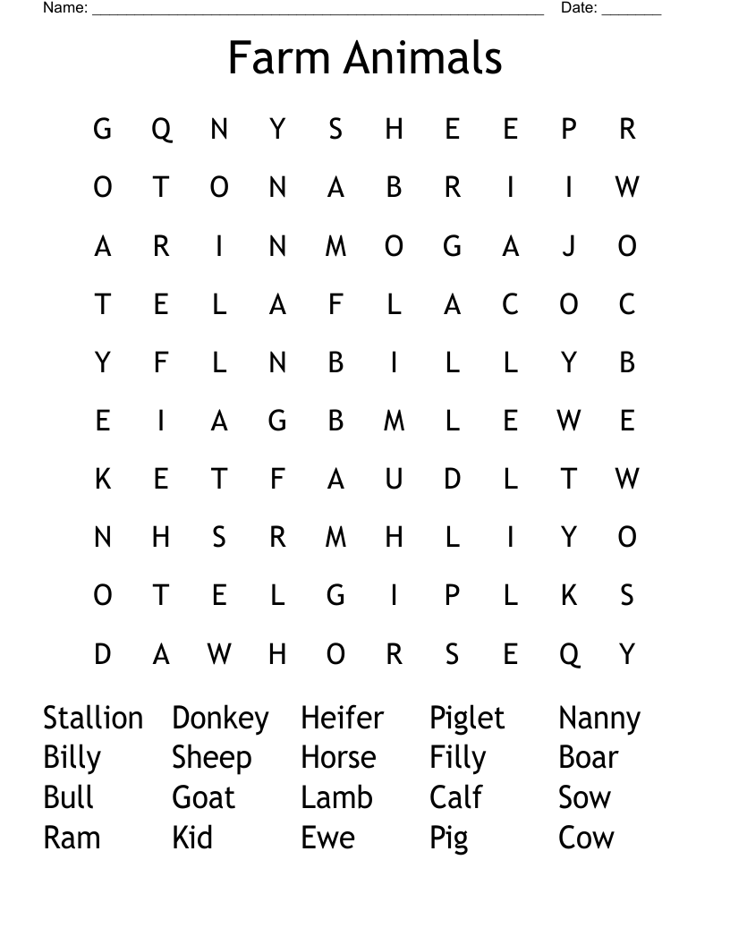 Farm Animals Word Search