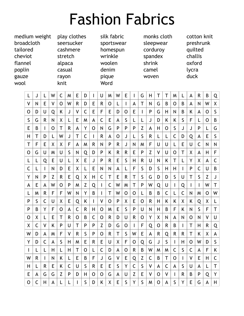 Fashion Fabrics Word Search