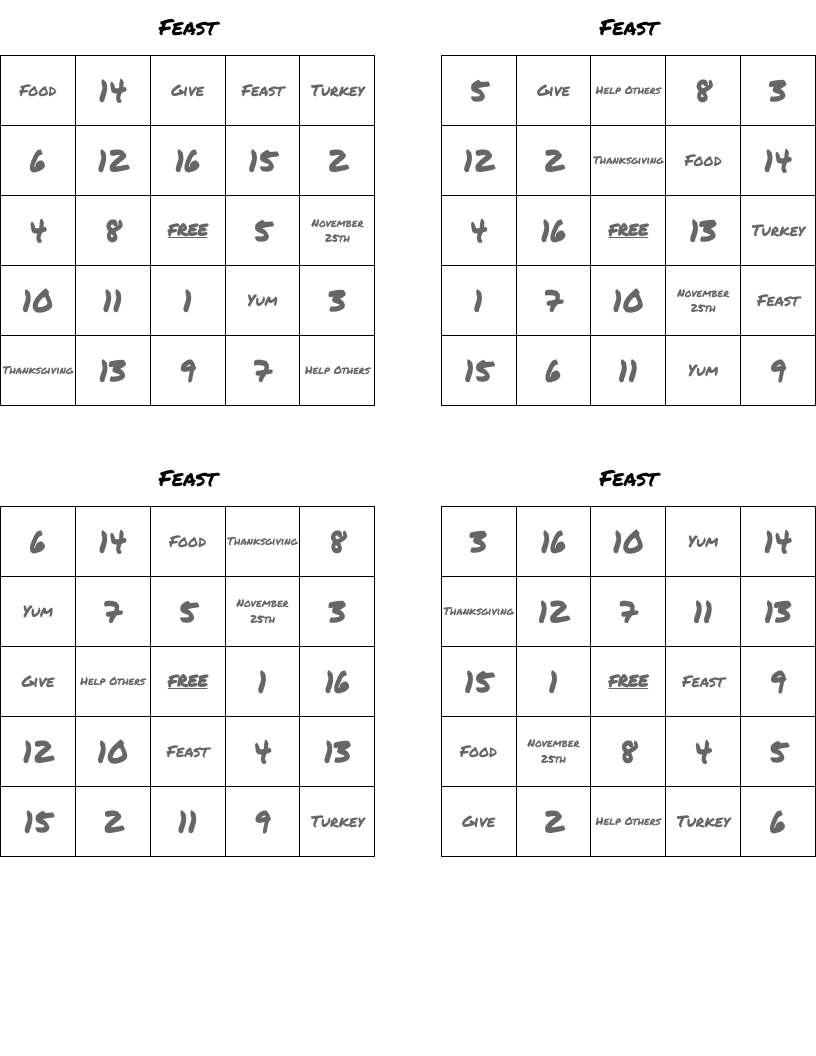Feast Bingo Cards