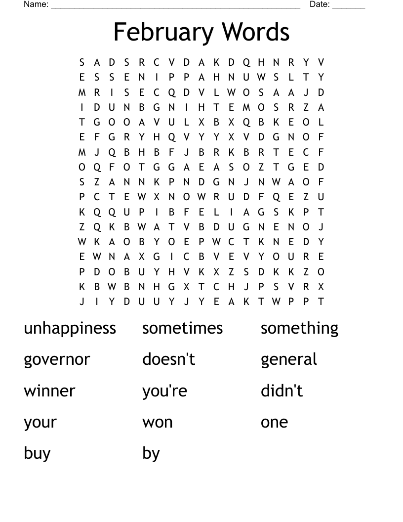 February Words Word Search