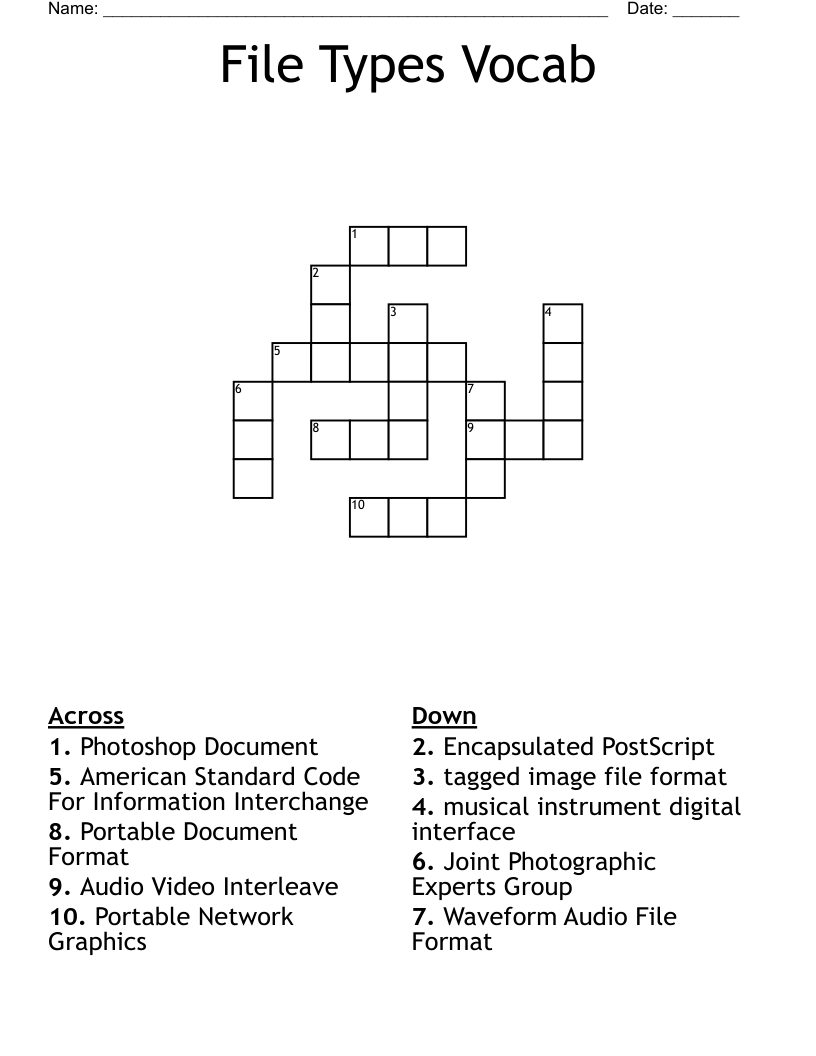 File Types Vocab Crossword