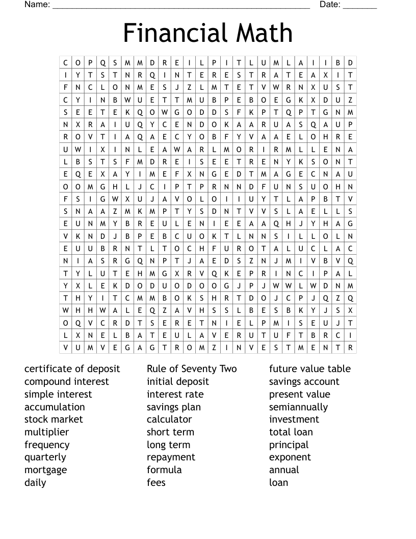 Financial Math Word Search