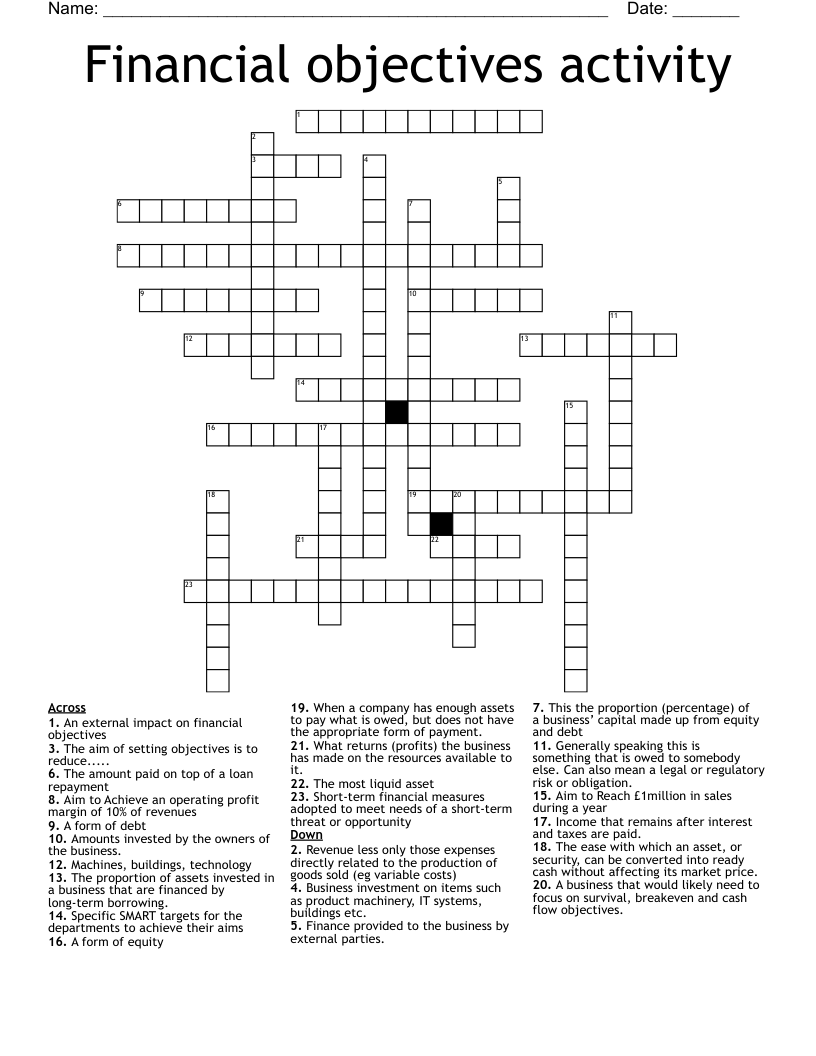 Financial objectives activity Crossword