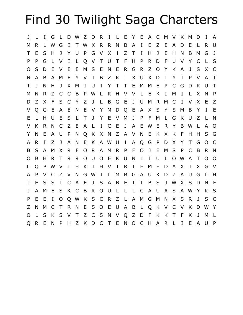 Find 30 Twilight Saga Charcters Word Search