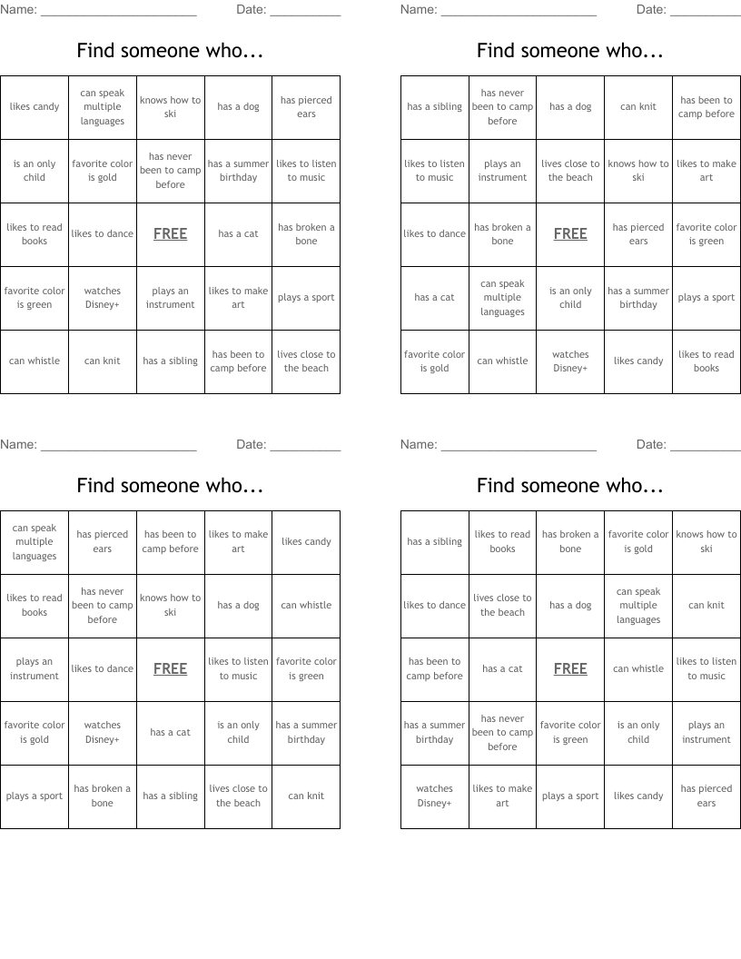 Find someone who... Bingo Cards