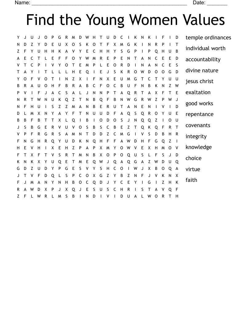 Find the Young Women Values Word Search