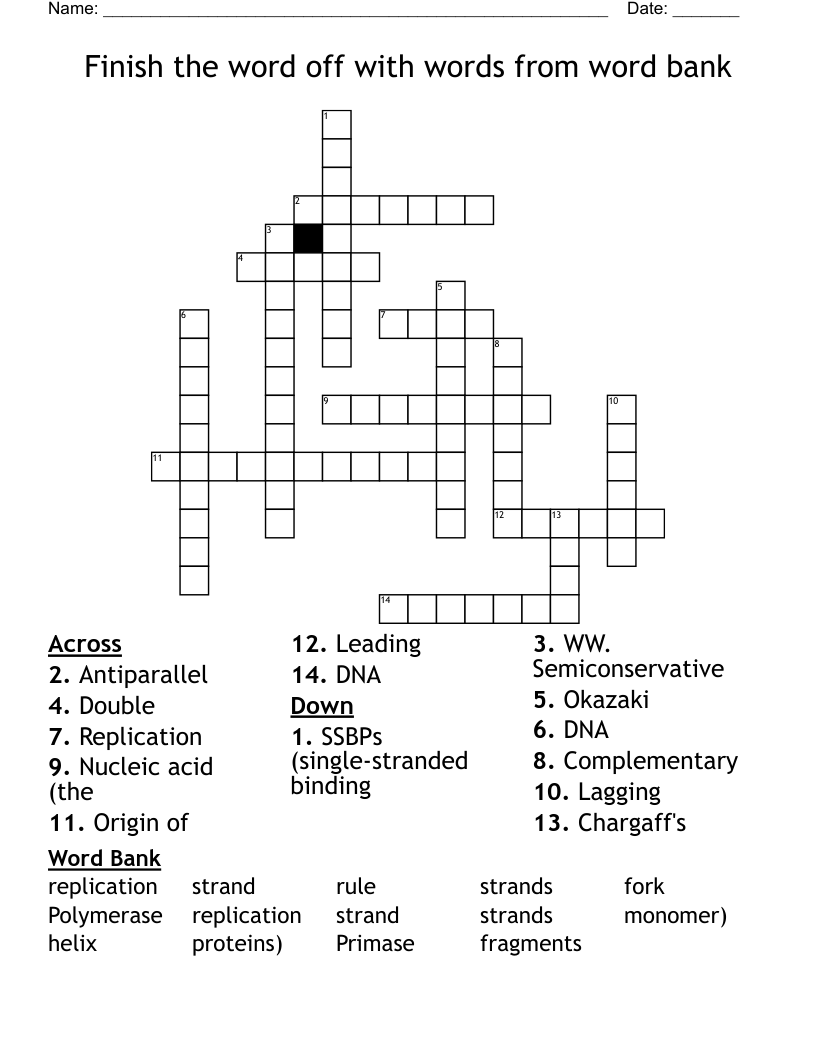 Finish the word off with words from word bank Crossword