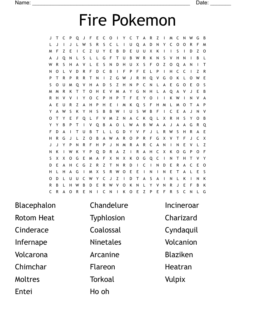 Fire Pokemon Word Search