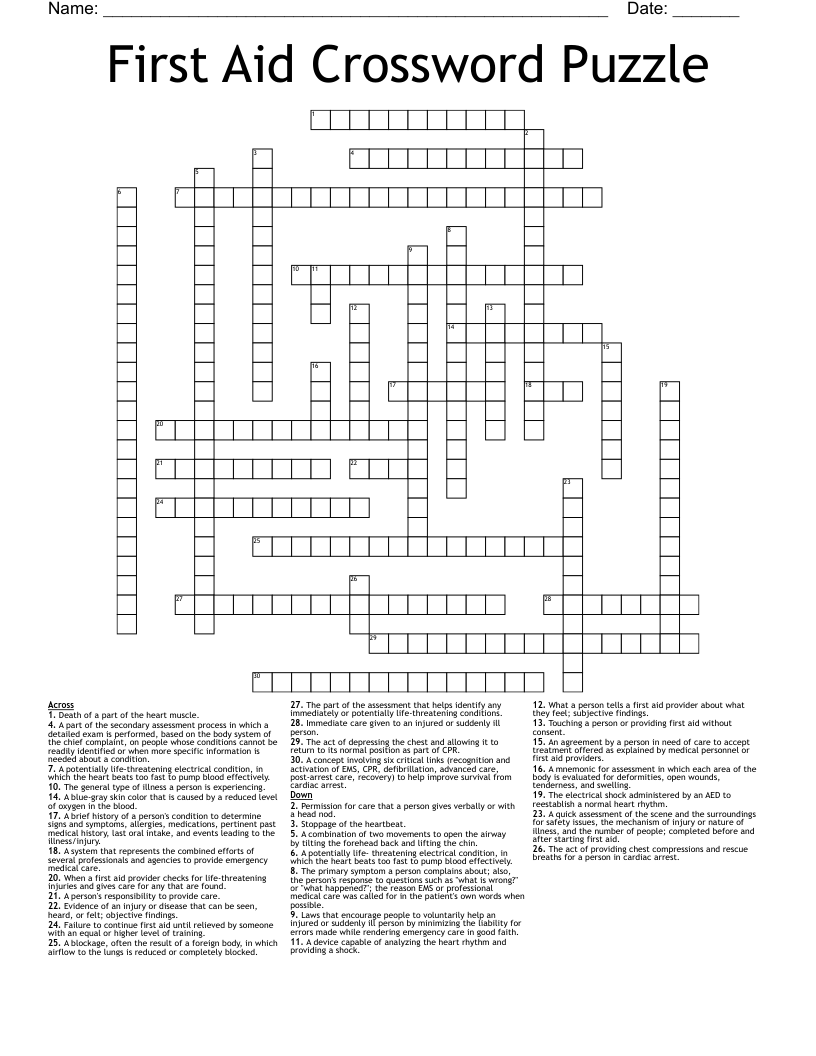 First Aid Crossword Puzzle 