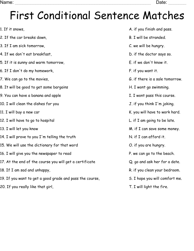 First Conditional Sentence Matches Worksheet