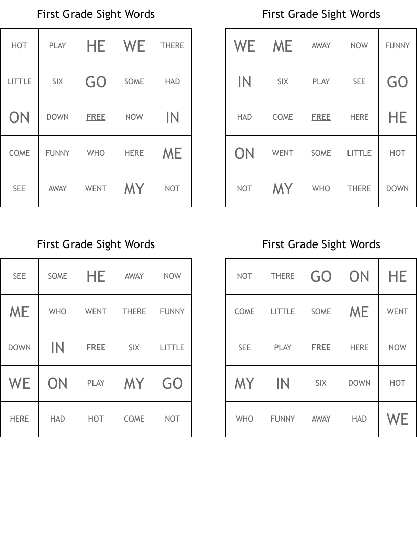 First Grade Sight Words Bingo Cards