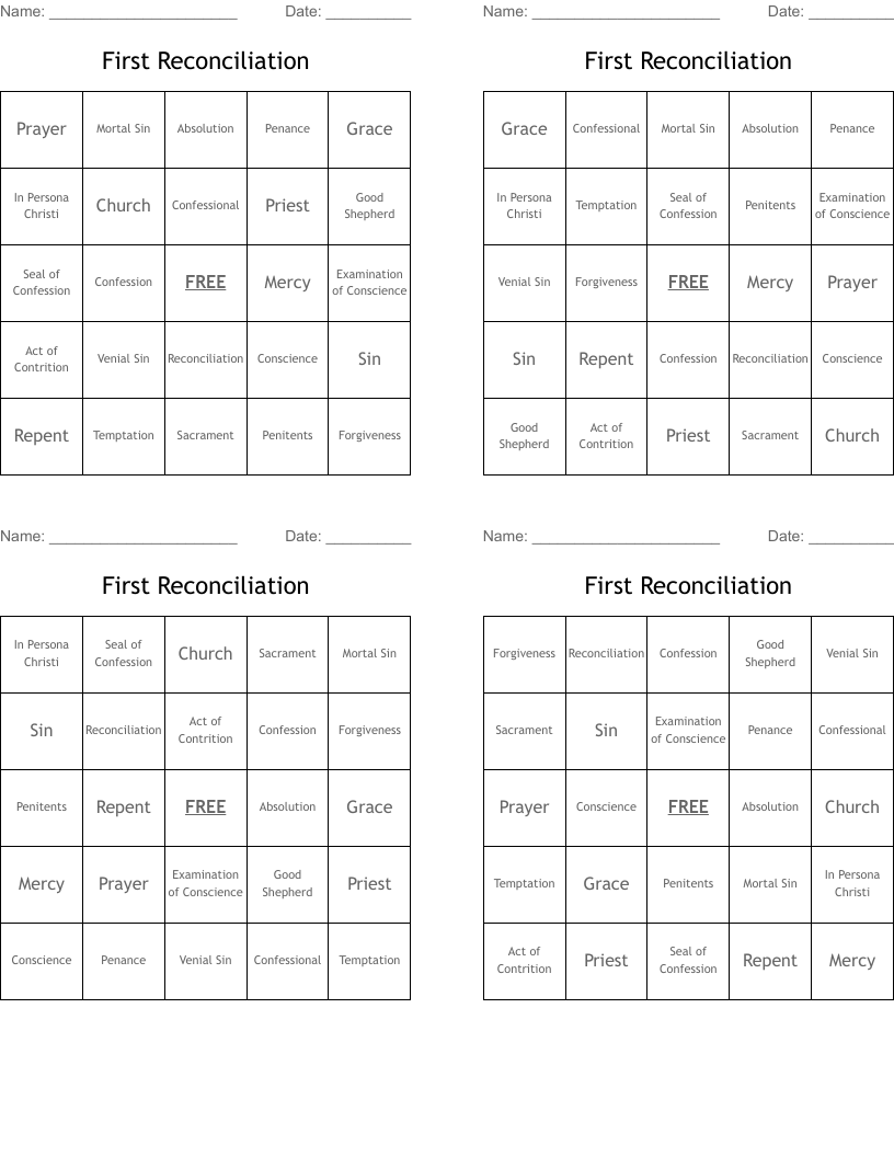 First Reconciliation Bingo Cards