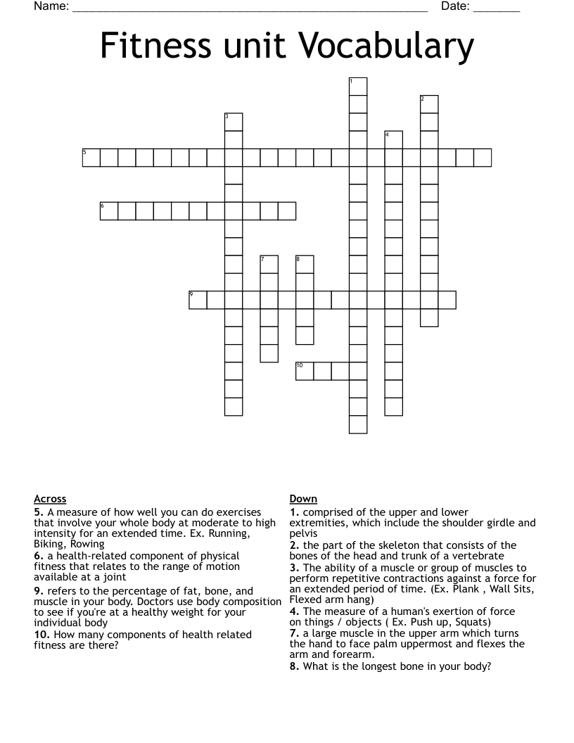 Fitness unit Vocabulary Crossword