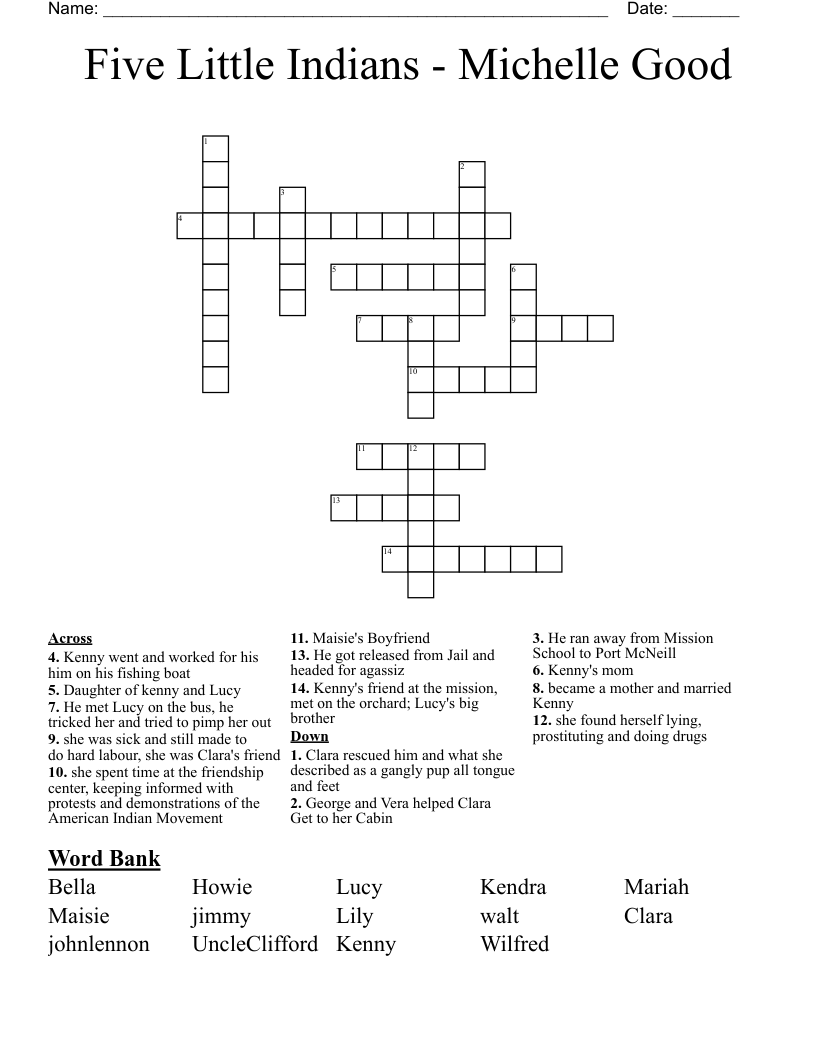 Five Little Indians - Michelle Good Crossword