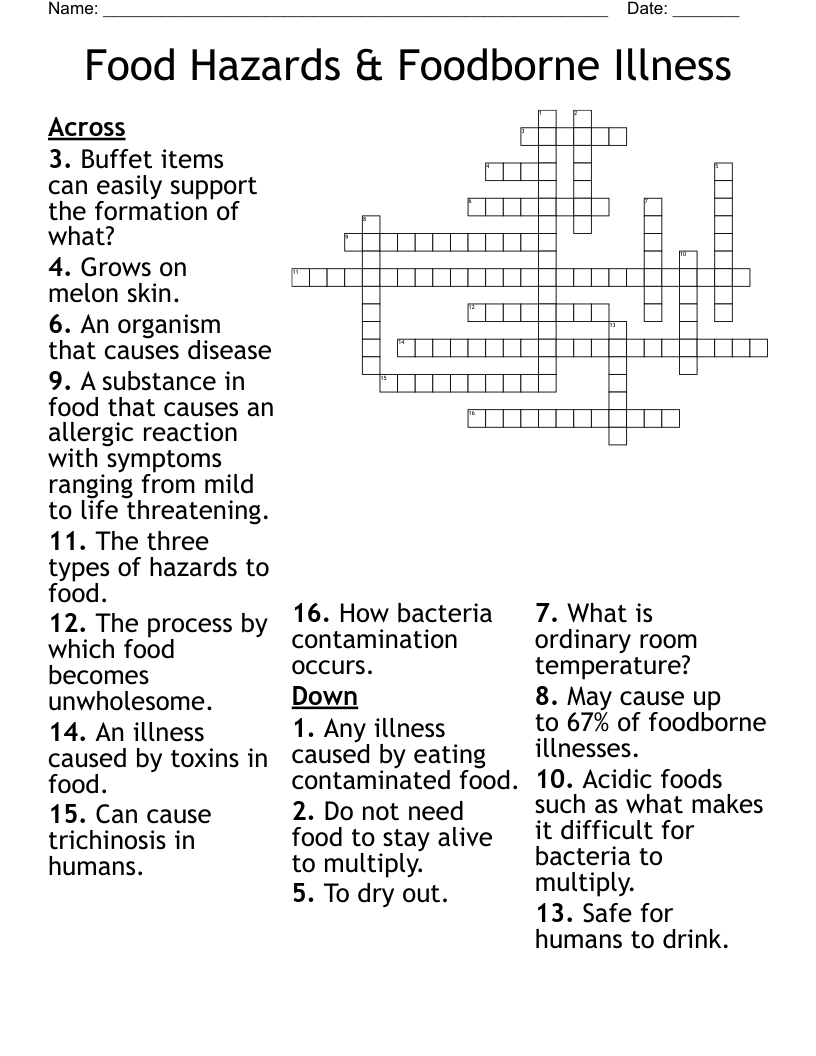 Food Hazards & Foodborne Illness Crossword