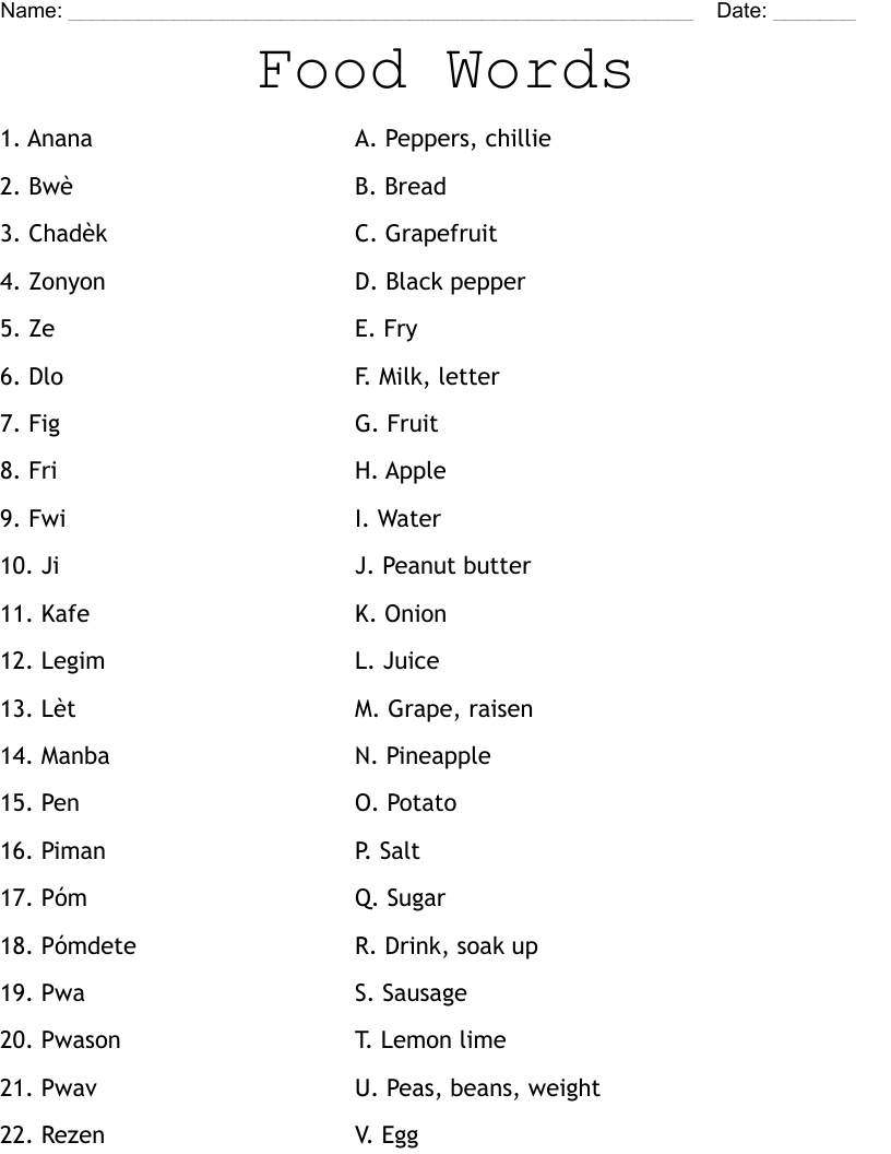 Food Words Worksheet