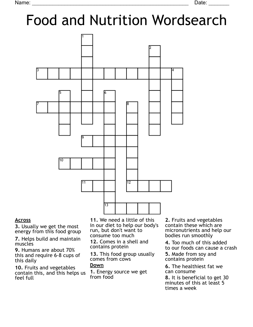 Food and Nutrition Wordsearch Crossword