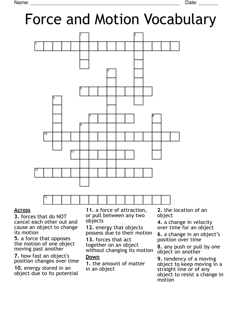 Force and Motion Vocabulary Crossword