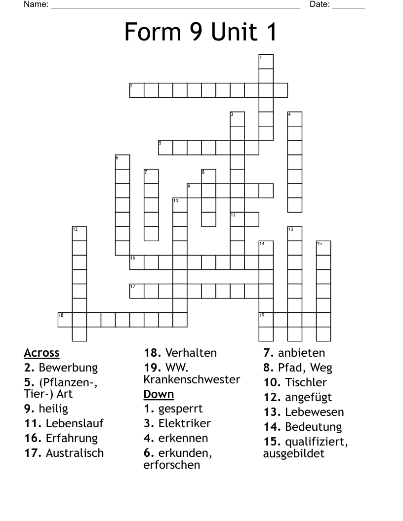 Form 9 Unit 1 Crossword