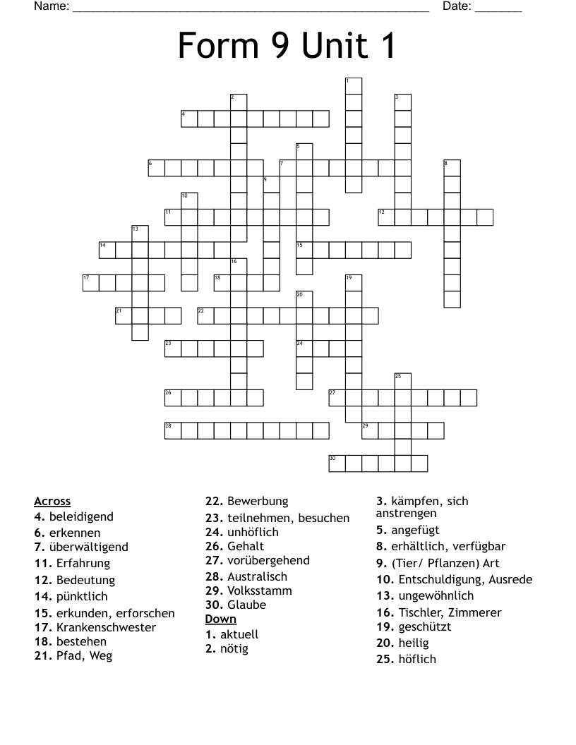 Form 9 Unit 1 Crossword