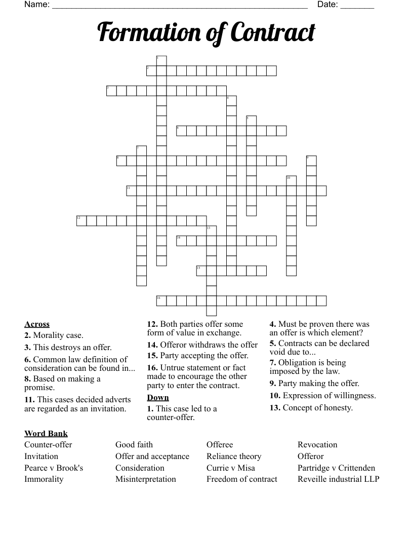 Formation of Contract Crossword