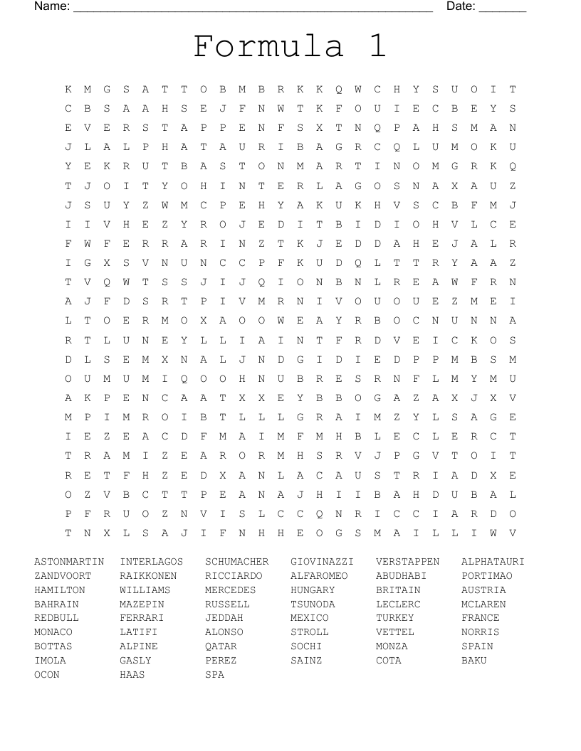 Formula 1 Word Search