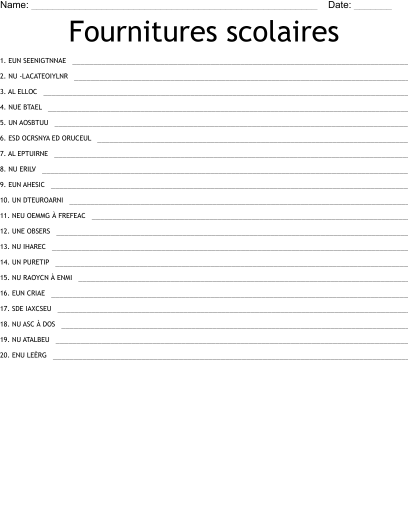 Fournitures scolaires Word Scramble