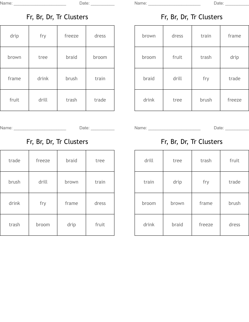 Fr, Br, Dr, Tr Clusters Bingo Cards