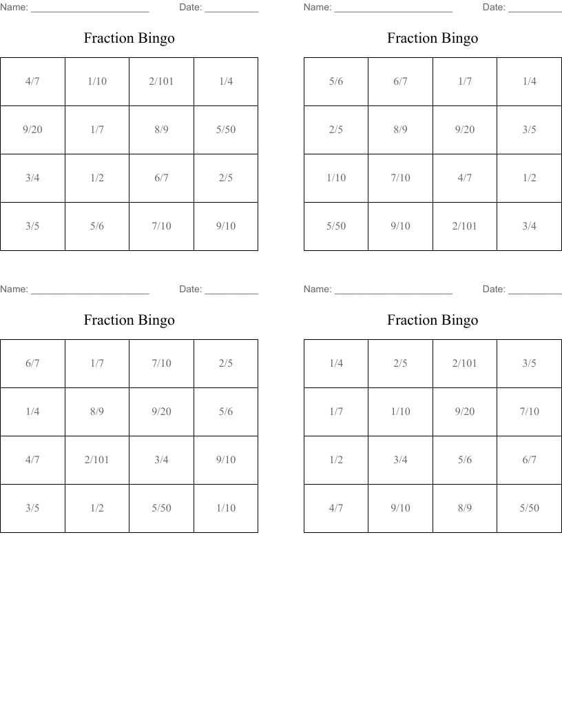 Fraction Bingo