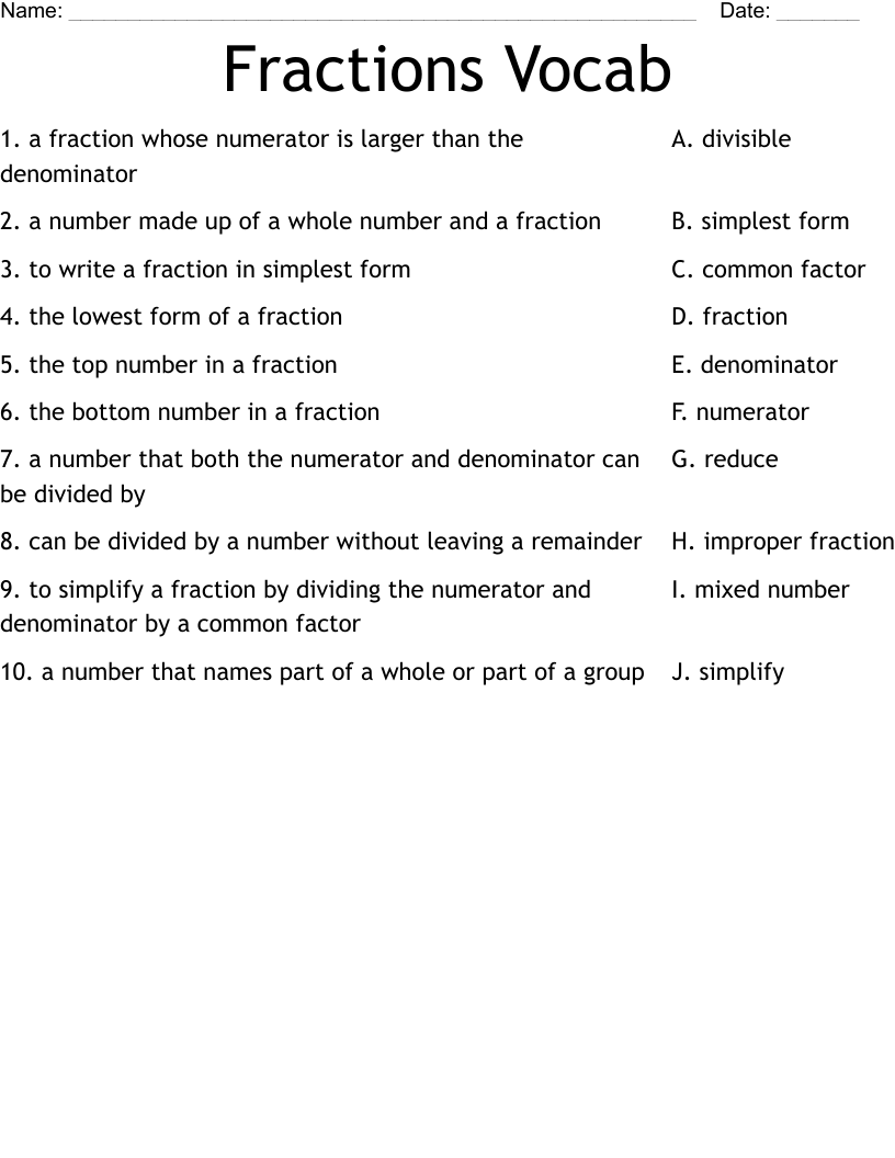 Fractions Vocab Worksheet