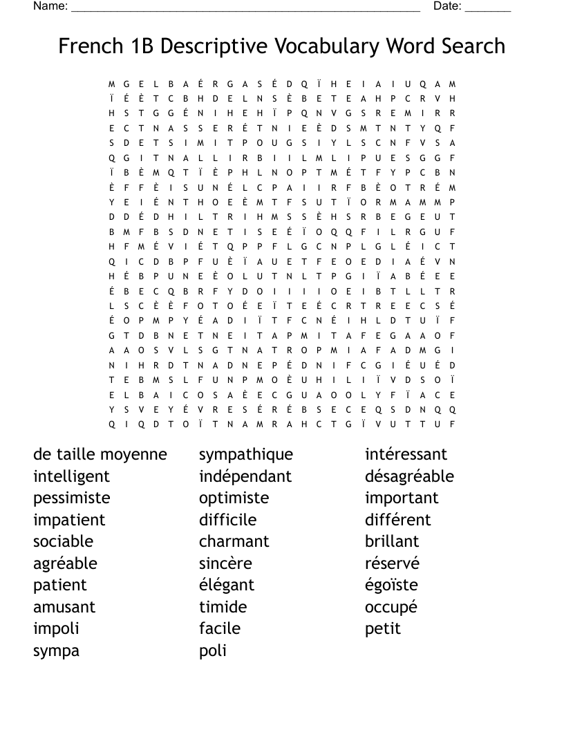 French 1B Descriptive Vocabulary Word Search