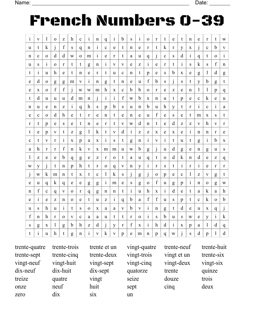 French Numbers 0-39 Word Search