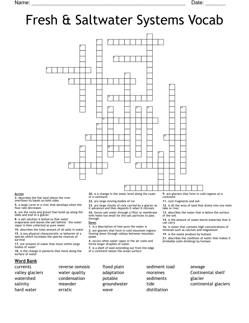 Fresh & Saltwater Systems Vocab Crossword