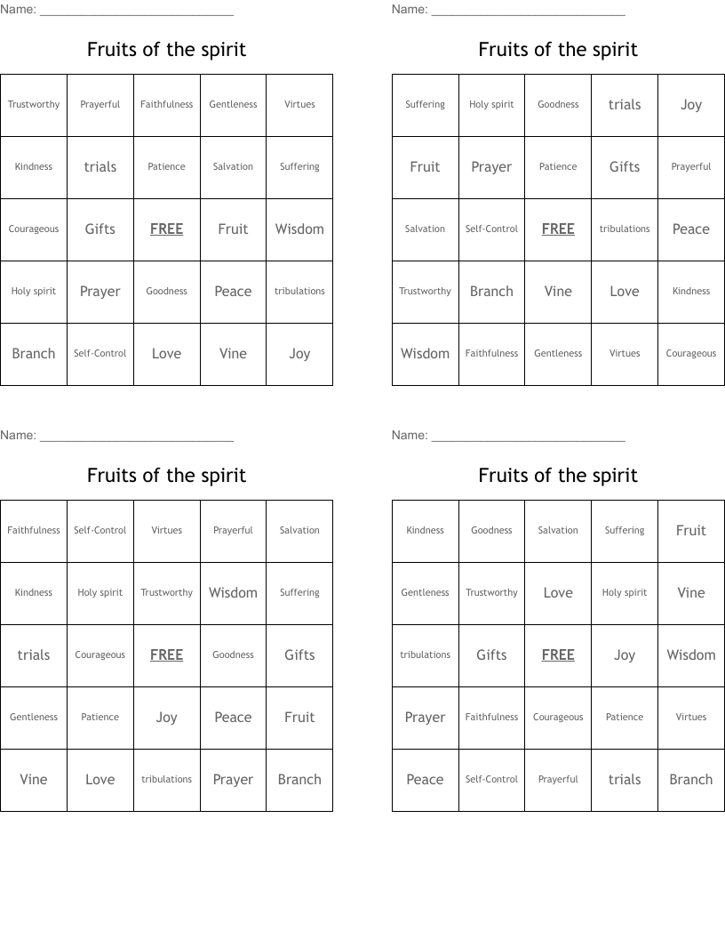 Fruits of the spirit Bingo Cards