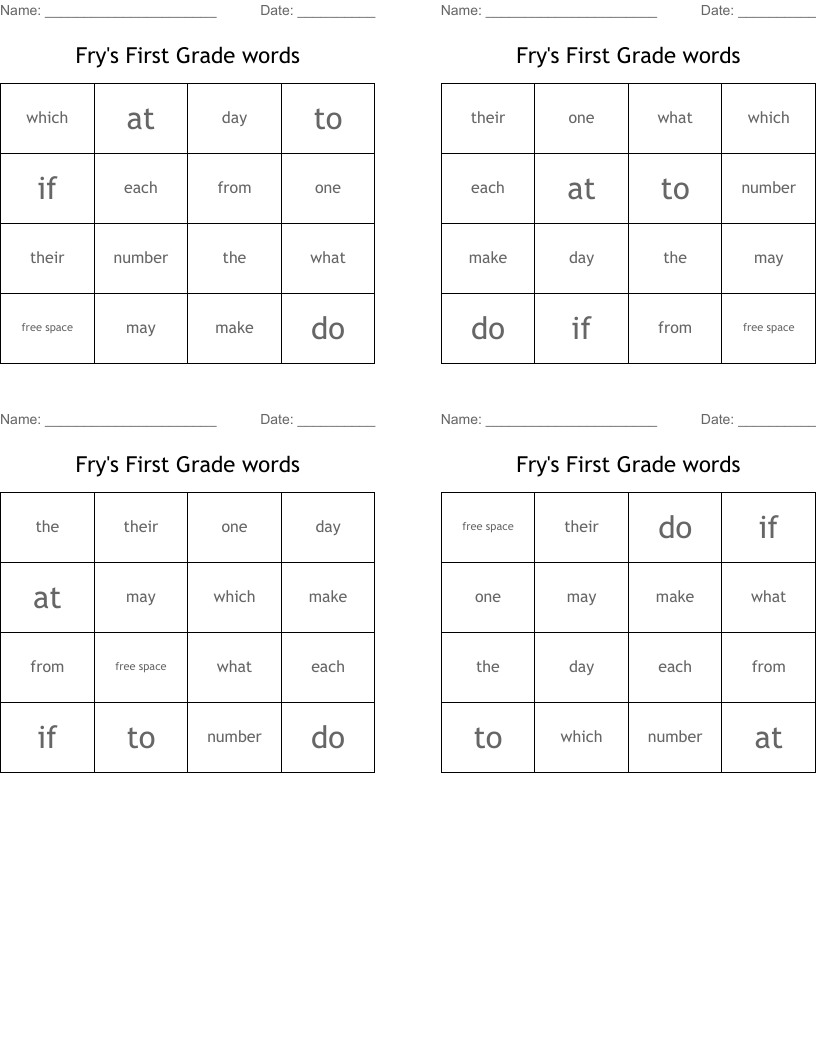 Fry's First Grade words Bingo Cards