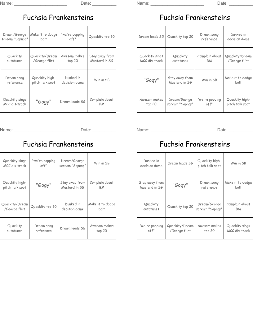 Fuchsia Frankensteins   Bingo Cards